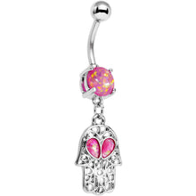 Load image into Gallery viewer, Pink Faux Opal Hamsa Hand and Heart Dangle Belly Ring