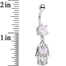 Load image into Gallery viewer, White Faux Opal Hamsa Hand and Heart Dangle Belly Ring