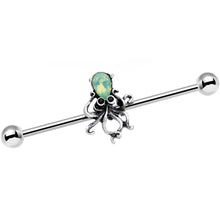 Load image into Gallery viewer, 14G Green Faux Opal Thoughtful Octopus Industrial Barbell 38mm
