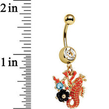 Load image into Gallery viewer, Clear Aqua Gem Gold PVD Orange Black Flower Seahorse Dangle Belly Ring