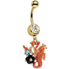 Load image into Gallery viewer, Clear Aqua Gem Gold PVD Orange Black Flower Seahorse Dangle Belly Ring