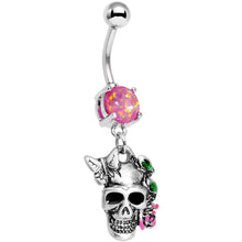 Load image into Gallery viewer, Pink Faux Opal Beautiful Butterfly Rose Flower Skull Dangle Belly Ring