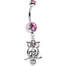 将图片加载到图库查看器,Pink Gem Celtic Knot Perched Owl Dangle Belly Ring