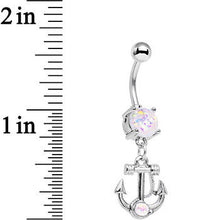 Load image into Gallery viewer, White Faux Opal Nautical Anchor Dangle Belly Ring