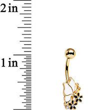 Load image into Gallery viewer, Gold Anodized Black and White Butterfly and Flower Belly Ring