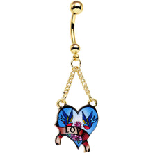 Load image into Gallery viewer, Gold Anodized Steel Blue Tattoo Flash Love Heart Dangle Belly Ring
