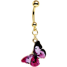 将图片加载到图库查看器,Gold Anodized Steel Pink and Black Butterfly Dangle Belly Ring