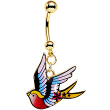 将图片加载到图库查看器,Gold Anodized Steel Tattoo Flash Sparrow Bird Dangle Belly Ring