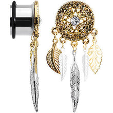 Load image into Gallery viewer, 9/16 Clear Gem Ornate Gold Disc Leaf Feather Dangle Plug Set