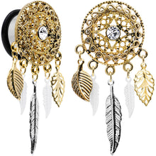 将图片加载到图库查看器,5/8 Clear Gem Ornate Gold Disc Leaf Feather Dangle Plug Set