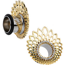 Load image into Gallery viewer, 1/2 Clear Gem Golden Gala Feather Single Flare Tunnel Plug Set