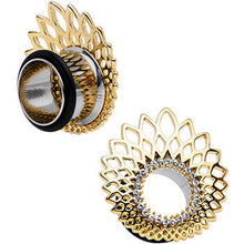 Load image into Gallery viewer, 9/16 Clear Gem Golden Gala Feather Single Flare Tunnel Plug Set