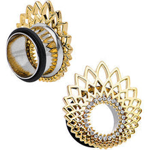 Load image into Gallery viewer, 5/8 Clear Gem Golden Gala Feather Single Flare Tunnel Plug Set