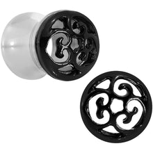 Load image into Gallery viewer, 0G Steel Black Filigree Duet Heart Saddle Plug Set
