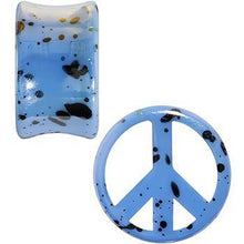 Load image into Gallery viewer, Black Speckled Blue Acrylic Peace Sign Saddle Plug Set Available in Sizes 00G to 20mm
