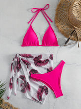 Load image into Gallery viewer, Feather Luxe 3-Piece Bikini Set – Exotic Feather Print Halter Neck Backless Swimsuit with High Cut Tie Back Bottoms and Wrap Cover-Up – Women’s High-Stretch Comfortable Swimwear for Summer Beach & Pool Vacations