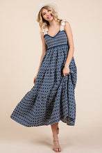 Load image into Gallery viewer, Geometric Embroidered Smocked Tie Shoulder Midi Dress For Women β Fluttering, Trendy and Chic Embroidered Midi Dress with Tie Shoulders