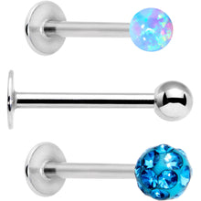 Load image into Gallery viewer, 16G 3/8 Aqua Faux Opal Ball Labret Monroe Tragus 3 Pack Set