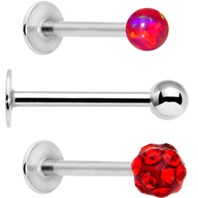 Load image into Gallery viewer, 16G 3/8 Red Faux Opal Ball Labret Monroe Tragus 3 Pack Set