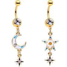 Load image into Gallery viewer, Clear Gem Gold PVD White Moon Star Dangle Belly Ring Set of 2