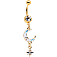 Load image into Gallery viewer, Clear Gem Gold PVD White Moon Star Dangle Belly Ring Set of 2