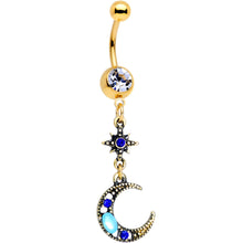 Load image into Gallery viewer, Blue Gem Gold PVD Blue Celestial Moon Star Dangle Belly Ring Set of 2