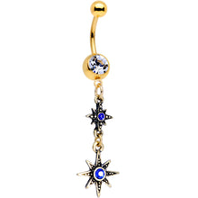 Load image into Gallery viewer, Blue Gem Gold PVD Blue Celestial Moon Star Dangle Belly Ring Set of 2