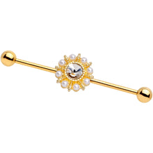 Load image into Gallery viewer, Clear Gem White Orb Gold PVD Sun Wheel Industrial Barbell 38mm