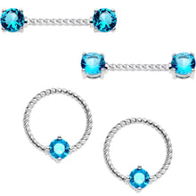 Load image into Gallery viewer, 14G Blue CZ Gem Twisted Captive Ring Barbell Nipple Ring Set