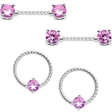 Load image into Gallery viewer, 14G 5/8 Pink CZ Gem Twisted Captive Ring Barbell Nipple Ring Set