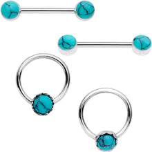 Load image into Gallery viewer, 14G Faux Turquoise Southwest Captive Ring Barbell Nipple Ring Set