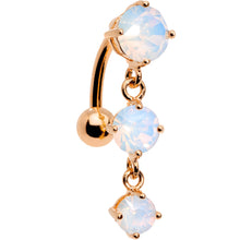 Load image into Gallery viewer, White Faux Opal Rose Gold Plated Trio Tier Top Mount Dangle Belly Ring