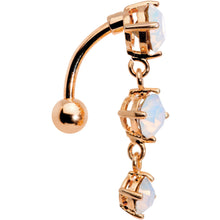 Load image into Gallery viewer, White Faux Opal Rose Gold Plated Trio Tier Top Mount Dangle Belly Ring