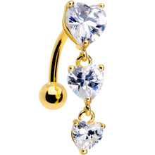 Load image into Gallery viewer, Clear CZ Gem Gold Plated Tri Heart Top Mount Dangle Belly Ring