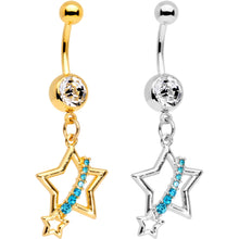 Load image into Gallery viewer, Clear Aqua Gem Gold PVD Encrusted Star Belly Ring Set of 2