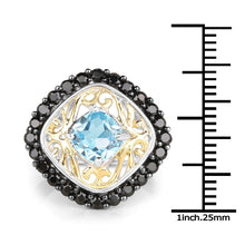 Load image into Gallery viewer, Two Tone Plated 2.85 Carat Genuine Swiss Blue Topaz and Black Spinel .925 Sterling Silver Ring