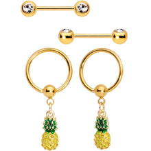 Load image into Gallery viewer, 14G Clear CZ Gem Gold Tone Pineapple BCR Barbell Nipple Ring Set