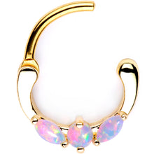 Load image into Gallery viewer, White Synthetic Opal Gold Tone Anodized Triplet Septum Clicker