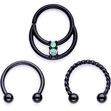 Load image into Gallery viewer, 16G 3/8 Teal Faux Opal Black Anodized Horseshoe Closure Ring Set