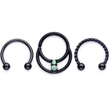 Load image into Gallery viewer, 16G 3/8 Teal Faux Opal Black Anodized Horseshoe Closure Ring Set