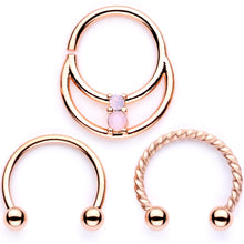 Load image into Gallery viewer, 16G 3/8 Pink Faux Opal Rose Gold Tone Horseshoe Closure Ring Set