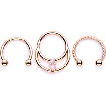 Load image into Gallery viewer, 16G 3/8 Pink Faux Opal Rose Gold Tone Horseshoe Closure Ring Set