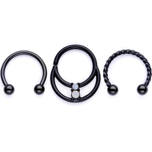 Load image into Gallery viewer, 16G 3/8 White Faux Opal Black Anodized Twisted Horseshoe Closure Ring Set