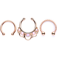 将图片加载到图库查看器,16G Pink Faux Opal Rose Gold Tone Twisted Horseshoe Clip On Fake Septum Ring Set