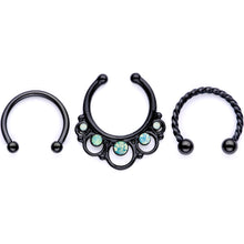 将图片加载到图库查看器,16G Teal Faux Opal Black Anodized Twisted Horseshoe Clip On Fake Septum Ring Set