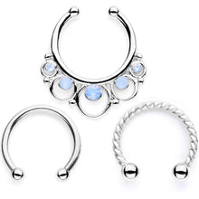 Load image into Gallery viewer, 16G Blue Faux Opal Twisted Horseshoe Clip On Fake Septum Ring Set