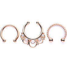Load image into Gallery viewer, 16G White Faux Opal Rose Gold Tone Twisted Horseshoe Clip On Fake Septum Ring Set