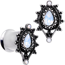 Load image into Gallery viewer, White Faux Opal Filigree Framed Double Flare Plug Set 6mm to 12mm