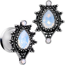 Load image into Gallery viewer, White Faux Opal Filigree Framed Double Flare Plug Set 6mm to 12mm
