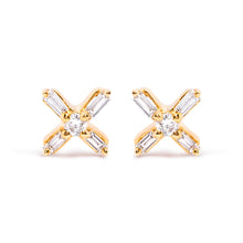 Load image into Gallery viewer, 10K Yellow Gold 1/10 Cttw Round and Baguette Diamond Criss Cross X Stud Earring (H-I Color, I1-I2 Clarity)